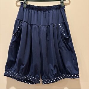 Asian Fashion Navy Blue Polka Dot Trim Shorts Elastic Waist XS/S 2 Side Pockets